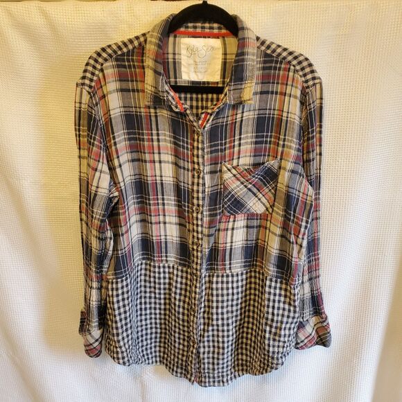 ANTHROPOLOGIE Kyla Seo Love Caite Handmade Mixed Plaid Shirt Top Sz XXL Boho - Picture 1 of 7